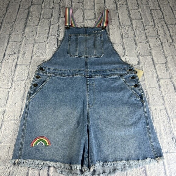 Take Pride Adult Gender Rainbow Denim Shortalls Jumpsuit Large Denim Overalls - Picture 9 of 16